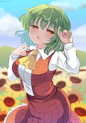  arm_up ascot blurry blurry_background blush breasts collared_shirt commentary_request female flower frilled_skirt frills garden_of_the_sun green_hair green_nails highres kazami_yuuka large_breasts long_sleeves looking_at_viewer narrowed_eyes open_mouth outdoors plaid plaid_skirt plaid_vest ramudia_(lamyun) red_eyes red_skirt red_vest shirt short_hair skirt solo sunflower touhou twitter_username vest white_shirt wing_collar yellow_ascot 