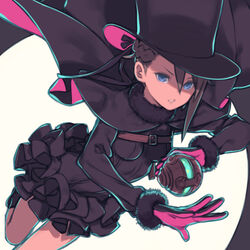  ange_(princess_principal) black_leotard blue_eyes braid breasts cape cavorite_ball crown_braid female grey_hair hat kuroboshi_kouhaku leotard miniskirt princess_principal simple_background skirt small_breasts solo top_hat white_background 