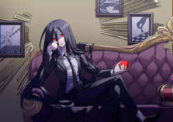  1boy apple belt black_belt black_footwear black_hair black_jacket black_necktie black_pants closed_mouth collared_shirt commentary couch crossed_legs crown danganronpa_(series) danganronpa_2:_goodbye_despair drawing_(object) food foot_out_of_frame fruit hair_between_eyes highres holding holding_food holding_fruit indoors jacket kamukura_izuru long_hair long_sleeves looking_at_viewer male_focus mouse_print necktie on_couch open_clothes open_jacket pale_skin pants picture_frame red_apple red_eyes scissors shirt sitting solo very_long_hair white_shirt ziling 