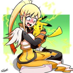  angry armor armored_dress blonde_hair blue_eyes blush crossover darkness_(konosuba) dress electricity female hair_ornament hairclip happy highres holding hug kono_subarashii_sekai_ni_shukufuku_wo! long_hair masochism pikachu pokemon pokemon_(creature) ponytail scorch_mark siczak sitting yellow_dress 