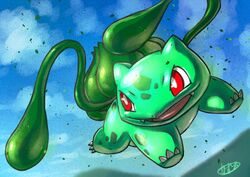  blurry bright_pupils bulbasaur claws commentary_request day fangs kaosu_(kaosu0905) looking_to_the_side no_humans open_mouth outdoors plant pokemon pokemon_(creature) red_eyes shiny signature sky solo tongue vines 