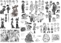  4boys 4girls absurdres animal_ears bare_shoulders breasts cleavage collarbone furry furry_female furry_male gears_maiden glasses goggles goggles_around_neck greyscale hat helmet highres long_hair looking_at_viewer medium_breasts monochrome multiple_boys multiple_girls navel original parted_lips pointy_ears smile tail tsukushi_akihito twintails whiskers 