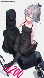  ahoge ankle_boots anti-materiel_rifle barcode belt black_bow black_dress black_footwear black_pantyhose blush bolt_action boots bow box bracelet cheytac_m200 chromatic_aberration closed_mouth collarbone crate dress english_text female full_body girls&#039;_frontline grey_hair guitar_case gun hair_ornament hairbow high_heel_boots high_heels highres instrument_case jewelry kuro_kosyou m200_(girls&#039;_frontline) m200_(war_correspondent)_(girls&#039;_frontline) official_alternate_costume pantyhose purple_eyes rifle sidelocks sitting sniper_rifle solo spaghetti_strap tripod weapon 