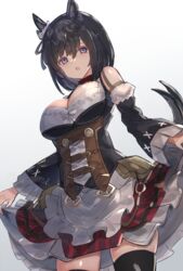  animal_ears bare_shoulders black_hair black_thighhighs blue_eyes breasts chestnut_mouth cleavage clothes_lift commentary_request cowboy_shot detached_sleeves dirndl dress dress_lift ear_ornament eishin_flash_(umamusume) female frilled_dress frills german_clothes hair_between_eyes highres horse_ears horse_girl horse_tail large_breasts lifting_own_clothes long_sleeves looking_at_viewer open_mouth short_hair simple_background solo tail the_olphy thighhighs umamusume white_background 