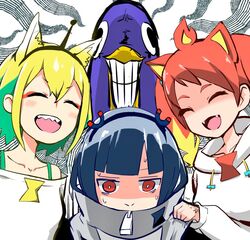  3girls :d ^_^ aimusu amano_pikamee anger_vein animal animal_ear_fluff animal_ears bare_shoulders bird black_hair black_hairband blonde_hair blush closed_eyes closed_mouth collarbone commentary drawstring fangs green_hair grey_jacket grin gyari_(bird) hair_between_eyes hairband hikasa_tomoshika hood hood_down hoodie jacket jitomi_monoe kemonomimi_mode long_sleeves magnet multicolored_hair multiple_girls off-shoulder_shirt off_shoulder okami open_mouth red_eyes red_hair shaded_face sharp_teeth shirt shoulder_grab smile sweat teeth two-tone_hair v-shaped_eyebrows virtual_youtuber voms white_background white_hoodie white_shirt zipper_pull_tab 