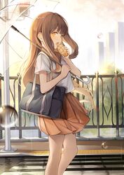  absurdres backlighting bad_id bad_pixiv_id blunt_bangs bread brown_hair commentary_request crosswalk dampi eating female food highres holding holding_umbrella long_hair open_mouth orange_skirt original outdoors railing rain school_uniform skirt solo sunlight traffic_light transparent transparent_umbrella umbrella 