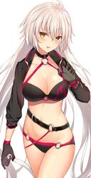  absurdres ahoge belt bikini black_bikini black_gloves breasts cleavage collarbone cowboy_shot fate/grand_order fate_(series) female gloves groin halterneck hand_up high_collar highres jeanne_d&#039;arc_alter_(fate) jeanne_d&#039;arc_alter_(swimsuit_berserker)_(fate) jun_(aousa0328) large_breasts long_hair long_sleeves looking_at_viewer naughty_face navel o-ring o-ring_bikini revision shrug_(clothing) simple_background solo standing stomach swimsuit thighs tongue tongue_out v-shaped_eyebrows very_long_hair white_background white_hair yellow_eyes 