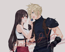  1boy apron armor bare_shoulders black_hair black_skirt blonde_hair blue_eyes blush breasts chocolate cloud_strife commentary couple crop_top dated female final_fantasy final_fantasy_vii final_fantasy_vii_remake gloves grabbing_another&#039;s_hand holding kudou_asami large_breasts long_hair midriff open_mouth protected_link red_eyes shoulder_armor skirt sleeveless sleeveless_turtleneck spiked_hair straight suspender_skirt suspenders symbol-only_commentary tank_top tifa_lockhart turtleneck valentine waist_apron 