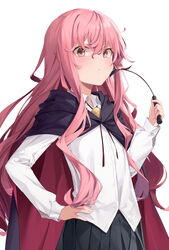  bad_id bad_twitter_id black_skirt cape collared_shirt commentary dress_shirt female flat_chest frown hand_on_own_hip hand_up highres holding long_hair looking_at_viewer louise_francoise_le_blanc_de_la_valliere pink_eyes pink_hair pleated_skirt riding_crop shirt simple_background skirt solo soya_(torga) symbol-only_commentary upper_body white_background white_shirt zero_no_tsukaima 