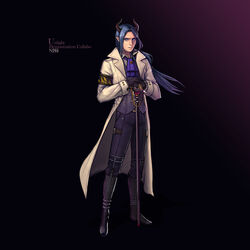  1boy armband artist_name ascot black_footwear black_gloves black_pants blue_eyes blue_hair blue_neckwear brooch cane collaboration copyright_name full_body gloves gradient_background highres horns jewelry long_hair long_sleeves looking_at_viewer low-tied_long_hair male_focus n-i-s-s-i own_hands_together pants pointy_ears solo unlight vest walken_(unlight) 