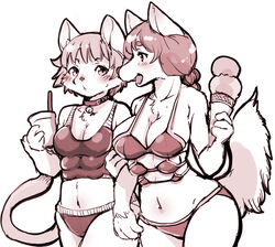  2020 6_breasts anthro bikini blush breasts canid canine canis cleavage clothed clothing container cup dessert domestic_cat domestic_dog duo felid feline felis female food holding_container holding_cup holding_food holding_object ice_cream ice_cream_cone kemono mammal monochrome multi_breast navel setouchi_kurage simple_background swimwear white_background 