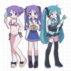  3girls @_@ annoyed aqua_hair aqua_necktie arm_at_side arm_behind_back armpits bare_shoulders bikini black_footwear black_ribbon black_skirt black_sleeves black_socks blue_eyes blue_sailor_collar blue_skirt blush boots bow breasts cleavage closed_mouth collarbone collared_shirt commentary cosplay detached_sleeves dot_mouth double_bun double_horizontal_stripe drop_shadow eating food full_body grey_shirt grid_background groin hair_between_eyes hair_bun hair_ribbon hairbow hand_up hatsune_miku hatsune_miku_(cosplay) headphones highres hiiragi_kagami holding holding_food holding_ice_cream holding_popsicle holding_vegetable ice_cream long_hair looking_at_viewer lucky_star medium_breasts miniskirt multiple_girls multiple_persona navel neckerchief necktie neon_trim no_nose no_pupils official_alternate_costume open_mouth parted_bangs pleated_skirt popsicle print_bikini purple_bow purple_hair ri_(qrcode) ribbon ryouou_school_uniform sailor_collar sandals school_uniform shirt short_hair short_sleeves side-tie_bikini_bottom simple_background skirt sleeveless sleeveless_shirt socks spring_onion standing star_(symbol) star_print swimsuit thigh_boots tsurime twintails two-handed v-shaped_eyebrows vegetable very_long_hair vocaloid white_background white_bikini white_shirt yellow_neckerchief zettai_ryouiki 