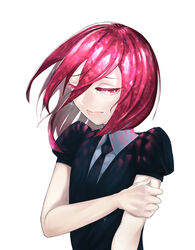  1other black_jacket black_necktie cinnabar_(houseki_no_kuni) closed_mouth collared_shirt hair_between_eyes hair_over_one_eye highres houseki_no_kuni jacket looking_at_viewer medium_hair necktie one_eye_covered other_focus red_eyes red_hair shirt simple_background solo taiga_(ryukyu-6102-8) upper_body white_background white_shirt wing_collar 