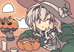  black_headband black_headwear black_sailor_collar cape chou-10cm-hou-chan_(suzutsuki&#039;s) cup female food fruit_cup grey_cape grey_hair hand_on_own_face hat headband jack-o&#039;-lantern kantai_collection long_hair looking_at_viewer nakadori_(movgnsk) one_side_up pleated_skirt pumpkin sailor_collar skirt solo soup spoon suzutsuki_(kancolle) teacup white_skirt witch_hat 