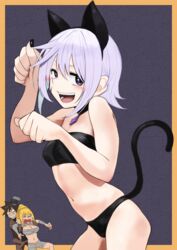  1boy 2girls animal_ear_headwear animal_ears bandages bikini black_nails blonde_hair breasts brown_hair cat_ears cat_girl cat_tail chris_(konosuba) collar commentary cosplay darkness_(konosuba) fake_animal_ears frankenstein&#039;s_monster frankenstein&#039;s_monster_(cosplay) grey_hair halloween halloween_costume highres izawa_(bhive003) kono_subarashii_sekai_ni_shukufuku_wo! large_breasts long_hair looking_at_viewer medium_hair multiple_girls mummy mummy_costume nail_polish naked_bandage navel object_through_head paw_pose ponytail satou_kazuma scar scar_on_cheek scar_on_face screw_in_head short_hair swimsuit tail 