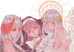  3girls angel_and_devil asana_(forever_7th_capital) breasts closed_eyes commentary demon_horns forever_7th_capital habit halo highres horns leaf leaf_on_head love_triangle multiple_girls nun red_eyes sardine-flavored_potatoes vera_(forever_7th_capital) yuri 