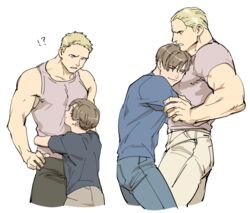  !? 2boys age_difference alternate_costume alternate_hairstyle bara blonde_hair brown_hair closed_eyes closed_mouth couple hair_slicked_back hug jack_krauser leon_s._kennedy lolicon looking_at_another male_focus multiple_boys muscular muscular_male onii-shota pants resident_evil resident_evil:_the_darkside_chronicles shirt short_hair smile t-shirt tank_top tatsumi_(psmhbpiuczn) white_background yaoi 