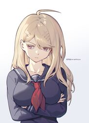  ahoge akamatsu_kaede arms_under_breasts black_sailor_collar black_serafuku blonde_hair breasts collarbone crossed_arms danganronpa_(series) danganronpa_v3:_killing_harmony ewa_(seraphhuiyu) female grey_background highres large_breasts long_hair long_sleeves neckerchief official_alternate_costume parted_lips red_neckerchief sailor_collar school_uniform serafuku simple_background solo teeth upper_body 