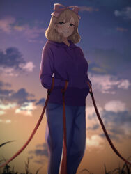  blonde_hair blush bow breasts cloud cloudy_sky denim evening female femdom grass green_eyes grin hair_between_eyes hairbow hands_in_pocket haruka_(senran_kagura) highres holding holding_leash hood hood_down hoodie jeans large_breasts leash lemonrou long_sleeves looking_at_viewer outdoors pants pink_bow pov purple_hoodie senran_kagura shadow short_hair sky smile solo standing viewer_on_leash 