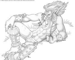  2008 blizzard_entertainment bulge clothed clothing ear_piercing facial_hair kyoht_luterman male monochrome navel nipples piercing pipe sideburns solo topless troll_(mythology) tusks warcraft 