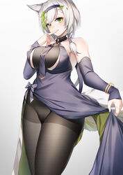  absurdres animal_ears bare_shoulders black_legwear bracelet breasts chinese_commentary commentary covered_clitoris cowboy_shot dress female female_pubic_hair girls&#039;_frontline grey_background grey_dress grey_hair grey_necktie hair_over_shoulder headband highres jewelry ksvk_(girls&#039;_frontline) ksvk_(truman_traveler)_(girls&#039;_frontline) large_breasts lubikaya necktie no_panties pantyhose pubic_hair tail yellow_eyes 