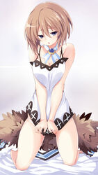  alternate_breast_size bare_legs bare_shoulders blanc_(neptunia) blue_eyes blush breasts breasts_squeezed_together brown_hair cleavage coat commentary_request dress dress_tug female full_body fur-trimmed_coat fur_trim hair_between_eyes highres iwashi_dorobou_-r- kneeling large_breasts legs_apart looking_at_viewer medium_breasts medium_hair neptune_(series) open_mouth panties panty_peek short_dress solo spaghetti_strap thighs undersized_clothes underwear unworn_coat v_arms white_dress white_panties 