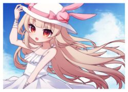  &gt;_&lt; :d bandaged_arm bandages bare_shoulders blue_sky bow brown_hair cloud cloudy_sky commentary_request day dress female floating_hair frilled_dress frills hairbow hat highres long_hair looking_at_viewer natori_sana oerba_yun_fang outdoors pink_bow red_eyes rensei sana_channel sky sleeveless sleeveless_dress smile solo sun_hat sundress very_long_hair virtual_youtuber white_dress white_hat 