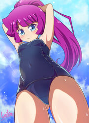  armpits arms_up ass_visible_through_thighs blue_eyes blush closed_mouth cloud covered_navel female from_below highres kirishima_romin laika_(pixiv) long_hair one-piece_swimsuit ponytail purple_hair school_swimsuit signature sky solo swimsuit thighs yu-gi-oh! yu-gi-oh!_sevens 