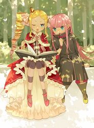  2girls beatrice_(re:zero) blonde_hair blue_eyes blunt_bangs book butterfly-shaped_pupils capelet commentary_request crown dappled_sunlight dress drill_hair forest frilled_dress frilled_sleeves frills fur-trimmed_capelet fur_trim highres lewes_meyer mini_crown multiple_girls nature one_eye_closed open_mouth pantyhose parupin pink_hair re:zero_kara_hajimeru_isekai_seikatsu reading red_capelet ribbon sidelocks sitting sunlight symbol-shaped_pupils twin_drills 