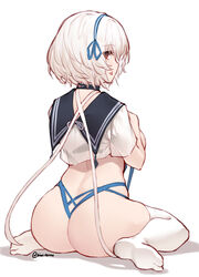  alternate_costume artist_name ass azur_lane black_choker black_sailor_collar choker commentary_request crop_top eyes_visible_through_hair female from_behind full_body highres kimi_tsuru looking_at_viewer looking_back no_shoes sailor_collar shirt short_hair short_sleeves signature simple_background sirius_(azur_lane) sitting solo thighhighs thighs white_background white_hair white_shirt white_thighhighs 