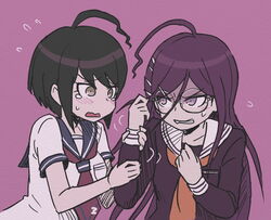  2girls ahoge blue_sailor_collar blush breast_pocket brown_hair danganronpa_(series) danganronpa_another_episode:_ultra_despair_girls fukawa_toko glasses hair_ornament hairclip long_hair long_sleeves multiple_girls naegi_komaru namu_(nurui_cha) neckerchief necktie open_mouth orange_neckerchief pink_background pocket red_necktie round_eyewear sailor_collar shirt short_hair short_sleeves simple_background tearing_up upper_body white_shirt 