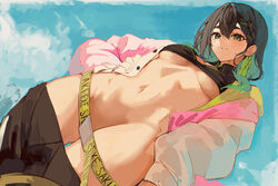  aqua_hair belt black_hair black_tube_top breasts clothes_pull female green_eyes hair_ornament hairclip highres indie_virtual_youtuber long_hair long_hoodie long_sleeves looking_at_viewer looking_down medium_breasts midriff multicolored_hair naokomama navel saki.exe skirt skirt_pull smile solo stomach strapless thick_eyebrows thighs tube_top two-tone_hair two-tone_sleeves underboob virtual_youtuber 