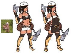  apron armor bare_shoulders belt belt_buckle belt_pouch black_gloves black_hair black_legwear breasts brown_apron buckle choker collarbone commentary elbow_gloves elf english_commentary female fingerless_gloves full_body gloves green_eyes hammer hat high_heels legs_apart looking_at_viewer mechanic_(ragnarok_online) midriff miniskirt multiple_views navel panty_straps pointy_ears pouch ragnarok_online reference_inset screenshot_inset short_hair simple_background skirt small_breasts smile standing strapless sunna_(nilsunna) thighhighs toned tube_top vambraces welding_mask white_background yellow_choker zettai_ryouiki 