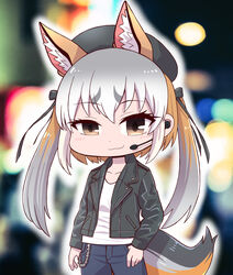  animal_ear_fluff animal_ears female fox_ears fox_girl fox_tail hat highres island_fox_(kemono_friends) kemono_friends kemono_friends_v_project long_hair looking_at_viewer lost_judgment microphone multicolored_hair parody rakugaki_arai ribbon smile solo tail virtual_youtuber 