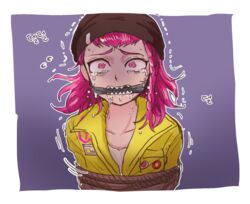  1boy bad_id bad_pixiv_id beanie black_hat border bound crying crying_with_eyes_open danganronpa_(series) danganronpa_2:_goodbye_despair gag gagged grey_shirt hat highres hood jumpsuit looking_at_viewer male_focus medium_hair outline pink_eyes pink_hair purple_background rope_gag saliva shirt soda_kazuichi solo tears tied_up_(nonsexual) translation_request trembling upper_body uzicha white_border white_outline yellow_jumpsuit 