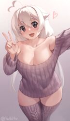  :d ahoge bare_shoulders black_eyes breasts collarbone commentary english_commentary female gradient_background grey_background grey_sweater grey_thighhighs hair_between_eyes hair_flaps heart heart_in_eye highres iwbitu knit_legwear knit_sweater large_breasts long_hair long_sleeves looking_at_viewer nyopu off-shoulder_sweater off_shoulder original simple_background smile solo sweater symbol_in_eye thick_eyebrows thighhighs twitter_username v white_hair 