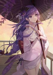  braid buri_(retty9349) cowboy_shot female flower genshin_impact hair_fan hair_flower hair_ornament highres holding holding_umbrella japanese_clothes kimono long_braid long_hair looking_afar makoto_(genshin_impact) obi oil-paper_umbrella porch protected_link purple_eyes purple_hair sash short_kimono single_braid solo standing umbrella very_long_hair white_kimono wide_sleeves 