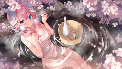  3: absurdres bare_arms bare_shoulders bathing blue_eyes blush bottle breasts bucket cherry_blossoms cleavage closed_mouth collarbone cup dango feather_hair_ornament feathers feet_out_of_frame female food hair_between_eyes hair_ornament hand_on_own_chest highres holding holding_cup indie_virtual_youtuber large_breasts long_hair looking_at_viewer low_twintails naked_towel onsen partially_submerged petals pink_hair rock sakurada_hane shanguier sitting solo spring_(season) steam towel twintails virtual_youtuber wagashi water wooden_bucket 