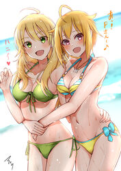  2girls :d absurdres bikini blush bow breasts collarbone cowboy_shot green_bikini green_bow green_eyes halterneck hand_up heart highres hoshii_miki hug hug_from_behind ibuki_tsubasa idolmaster idolmaster_cinderella_girls idolmaster_shiny_colors jewelry large_breasts long_hair mabanna medium_breasts multiple_girls navel necklace outdoors short_hair side-tie_bikini_bottom smile string_bikini swimsuit translated wet yellow_bikini 