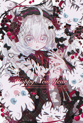  2022 :3 :d ahoge animal_ears animal_print blue_eyes blush bow cherry cherry_blossom_print cherry_hair_ornament chinese_zodiac dress english_text female floral_print flower food food-themed_hair_ornament frills fruit hair_flower hair_ornament hairband hairbow heart highres lace lace_trim lace_veil lolita_hairband long_hair long_sleeves md5_mismatch neck_ribbon new_year open_mouth original own_hands_together patterned_clothing pixel_heart plaid prima_merill ribbon sleeves_past_wrists smile solo sparkle tiger tiger_print twintails white_hair white_tiger year_of_the_tiger 