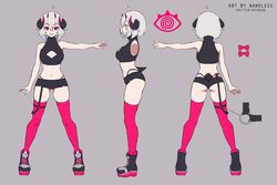  absurdres artist_name ass back boots bow commentary english_commentary female from_side full_body grey_background grey_hair hair_between_eyes highres horns indie_virtual_youtuber multiple_horns multiple_views nano_(nanoless) nanoless patreon_username reference_sheet sharp_teeth short_hair short_shorts shorts simple_background skindentation smile standing teeth thighhighs twitter_username virtual_youtuber watermark 