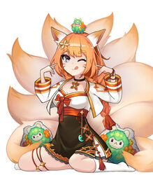  ;) animal_ears bails breasts collar eight-tailed_fox_nari female fox_ears fox_girl fox_tail grey_eyes guardian_tales hair_ornament korean_clothes korean_commentary long_hair looking_at_viewer mayreel_(guardian_tales) medium_breasts multiple_tails one_eye_closed orange_hair sitting smile solo tail white_background 