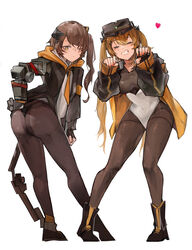  2girls absurdres adapted_costume armband black_gloves black_jacket black_pantyhose brown_eyes brown_hair closed_eyes fingerless_gloves girls&#039;_frontline gloves highres jacket jumbowhopper leotard long_hair long_sleeves mechanical_arms multiple_girls one_eye_closed one_side_up pantyhose scar scar_across_eye single_mechanical_arm thighband_pantyhose twintails ump45_(girls&#039;_frontline) ump45_(mod3)_(girls&#039;_frontline) ump9_(girls&#039;_frontline) ump9_(mod3)_(girls&#039;_frontline) white_leotard yellow_armband 