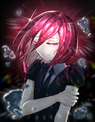  1other black_jacket black_necktie cinnabar cinnabar_(houseki_no_kuni) closed_mouth collared_shirt glint hair_between_eyes hair_over_one_eye highres houseki_no_kuni jacket looking_at_viewer medium_hair necktie one_eye_covered other_focus red_eyes red_hair shirt solo taiga_(ryukyu-6102-8) upper_body white_shirt wing_collar 