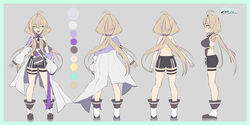  :d absurdres ahoge black_footwear black_shorts boots border breasts brown_hair cleavage color_guide commentary female green_border green_eyes grey_background hair_over_shoulder highres jacket long_hair long_sleeves low_twintails medium_breasts multicolored_hair multiple_views off_shoulder open_clothes open_jacket original ponta_(velmar) puffy_long_sleeves puffy_sleeves purple_hair short_shorts shorts smile streaked_hair turnaround twintails very_long_hair white_jacket 