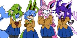  2022 2:1 alpha_channel amber_eyes anthro big_breasts blue_eyes book bottomwear breasts clothing cosplay derthevaporeon digital_media_(artwork) doki_doki_literature_club! eeveelution espeon female flat_chested footwear generation_1_pokemon generation_2_pokemon generation_4_pokemon generation_6_pokemon gesture glaring_at_viewer green_hair group hair jacket kagome_(sugarysylvee) leafeon legwear low_res monika_(doki_doki_literature_club!) natsuki_(doki_doki_literature_club!) nintendo pink_hair pixel_(artwork) pokemon pokemon_(species) purple_eyes purple_hair ribbons sayori_(doki_doki_literature_club!) school_uniform shirt skirt smile smiling_at_viewer socks sylveon takume_(derthevaporeon) team_salvato thigh_highs thigh_socks topwear tsundere undershirt uniform vaporeon waving waving_at_viewer wide_hips yuri_(doki_doki_literature_club!) 