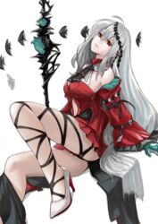  absurdres aqua_gloves arknights bare_shoulders breasts cyk_(cyk451) female gloves grey_hair high_heels highres long_hair looking_at_viewer red_eyes sitting skadi_(arknights) skadi_the_corrupting_heart_(arknights) solo staff very_long_hair 