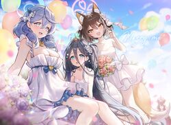  4girls ako_(blue_archive) alternate_costume animal_ears aris_(blue_archive) balloon bare_shoulders blue_archive blush bouquet breasts cleavage dress feet_out_of_frame flat_chest flower fox_ears fox_shadow_puppet hair_flower hair_ornament halo holding holding_bouquet izuna_(blue_archive) large_breasts looking_at_viewer multiple_girls picter pink_halo rose sleeveless sleeveless_dress small_breasts smile strapless strapless_dress wakamo_(blue_archive) white_dress white_flower white_rose 