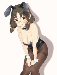  animal_ears asano_fuka black_bow black_bowtie black_hair black_leotard bow bowtie breasts brown_eyes brown_pantyhose cleavage cowboy_shot detached_collar etsutsuni female glasses hands_on_own_knees highres idolmaster idolmaster_cinderella_girls leaning_forward leotard looking_at_viewer medium_breasts pantyhose playboy_bunny rabbit_ears short_hair simple_background solo standing thighband_pantyhose twintails white_background wrist_cuffs 