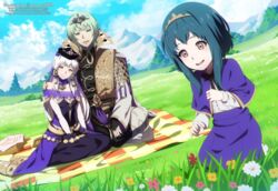  1boy 2girls alternate_hair_color artist_name blue_hair blue_sky byleth_(fire_emblem) byleth_(male)_(fire_emblem) closed_mouth cloud commentary dannex009 day dress english_commentary enlightened_byleth_(male) father_and_daughter fire_emblem fire_emblem:_three_houses flower grass green_eyes green_hair hair_ornament hat highres if_they_mated long_hair long_sleeves lysithea_von_ordelia mother_and_daughter multiple_girls open_mouth outdoors pink_eyes short_hair sitting sky straight tiara watermark web_address white_hair 